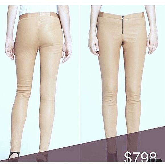 Alice‎ + Olivia Leather Pant 2 Women Cream Gold Metallic Sparkly Skinny Zip USA - Picture 2 of 13